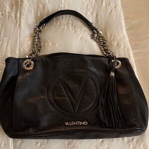 Valentino Black Leather Shoulder Bag with Tassel